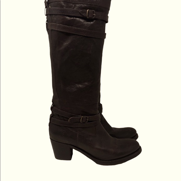 Frye Jane Chocolate Brown Tall Strappy Pull-On Chunky Heel Boots - Picture 2 of 11